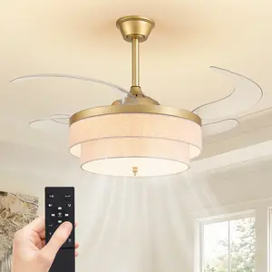 48" Gold Modern Ceiling Fans with Lights Boho Fandelier Retractable Ceiling Fan Light Dimmable Fabric Chandelier Fan for Living Room Dining Room Bedroom