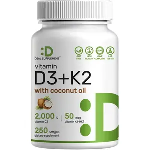 DEAL SUPPLEMENT Vitamin D3 2,000 IU + K2 MK7 50mcg Softgels | 2-in-1 Complex with Virgin Coconut Oil | Supports Heart, Bone, Teeth & Immune Health | Easy to Swallow Dietary Healthy Fitness Edible