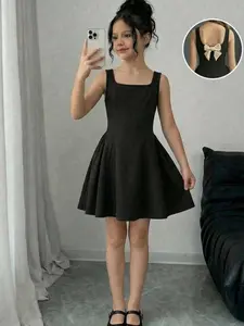 Firerie Kids Tween Girls Elegant & Cute Square Neck Black A-Line Patchwork Dress With Large Bow Back
