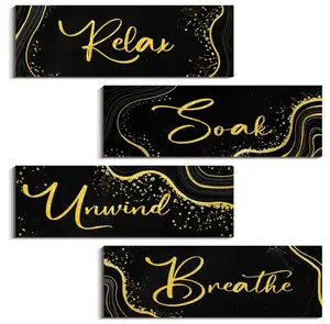 4 Pcs Relax Soak Unwind Breathe Bathroom Wall Art Decor Wooden Bathroom Hanging Signs Rustic Vintage Farmhouse Gold Bathroom Wall Decor for Home Laundry Spa Room - Classic Style, 11 x 4 Inch