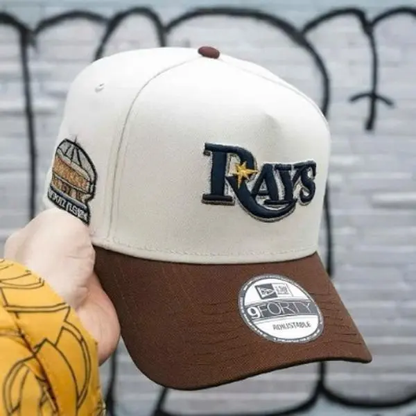 New Era MLB Tampa Bay Rays 9FORTY A-Frame Adjustable Baseball Cap Cream Brown Two Tone Curved Brim Hat Side Patch Embroidered Rays Logo Streetwear Hip Hop Vintage Gorras