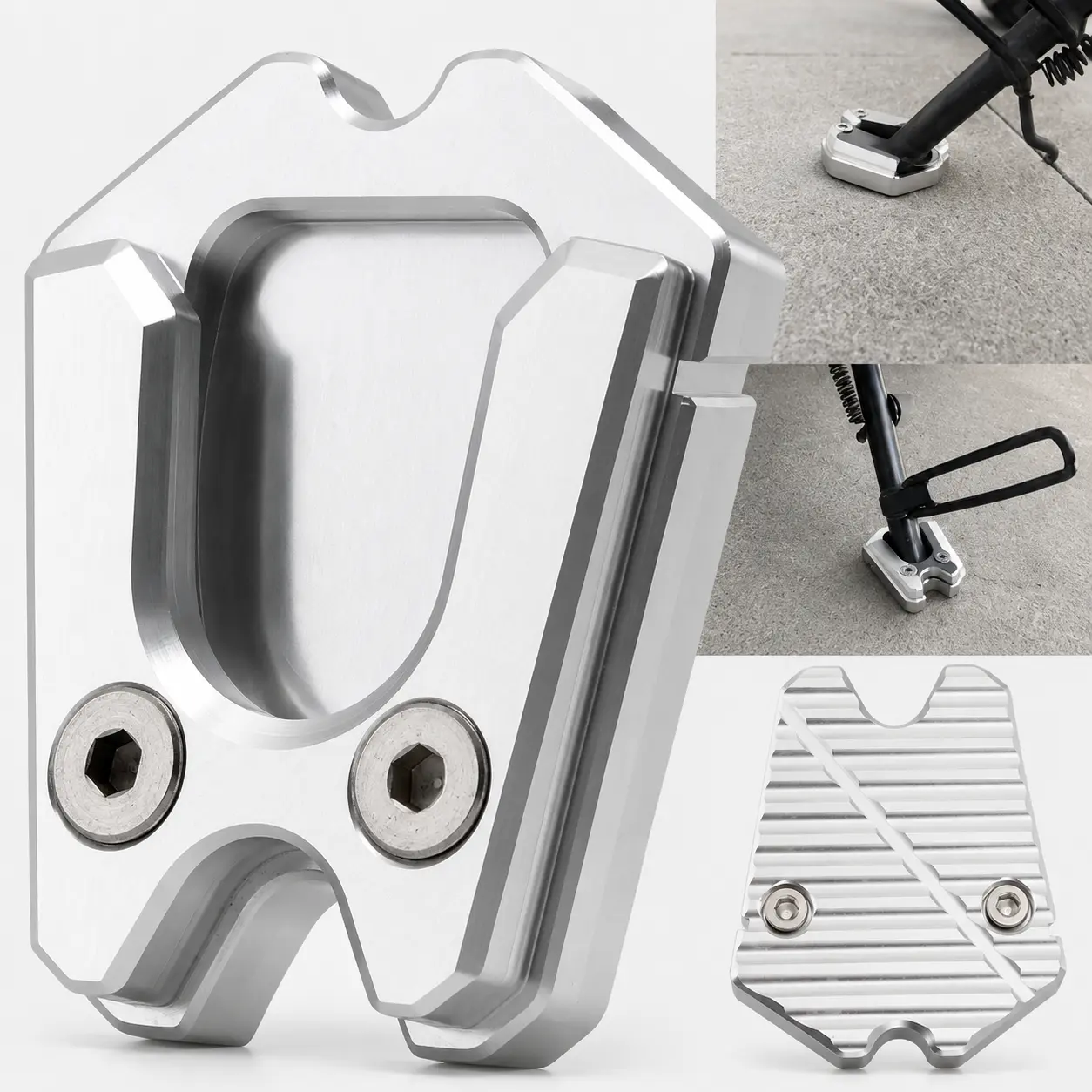 Silver Motorcycle Scooter Side Stand Extension Pad for Vespa Sprint LX GTS GTV Models, CNC 6061 Aluminum Kickstand Enlarger Plate, Bolt-On Clamp Mount Foot Support Base Pad for Compatible Side Stand Feet, Motorcycle Accessories