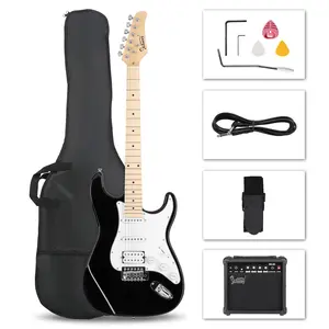 Flower Dance GST Stylish H-S-S Pickup Electric Guitar Kit with 20W AMP Bag Guitar Strap Black Perfect for Beginners and Gift Ready for Summer Labor Day Weekend