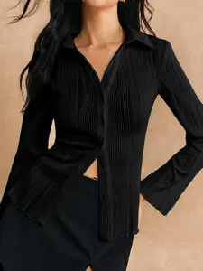 Women's Textured Long Sleeve Button Front Shirt, Casual Fashion Shirt, Casual Solid Color Collared Top for Spring & Fall, Women's Clothes for Daily Wear