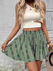 Spring Summer Elastic Waist Drawstring Boho Geometric Shorts, Slimming Flower Bud Design, All Seasons Fashionable Short Pants for Women