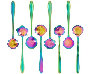 8 Pieces Flower Coffee Tea Spoons Stainless Steel Sugar Spoons Tea Party Flower Fancy Tableware Set Stir Bar Creative Stirring Teaspoon, 8 Different Patterns(Rainbow Color)