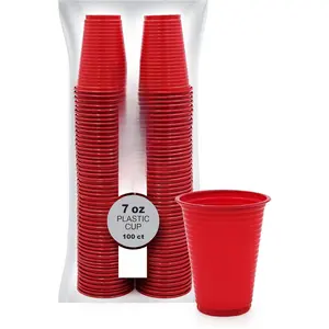 Colorful 7oz Plastic Party Cups [Pack of 100] - Disposable Drinking Glasses Bulk-  Colored Cups For Iced , Jello, Punch, , Shots & Cold Drinks- Throw- Red Plastic Cups
