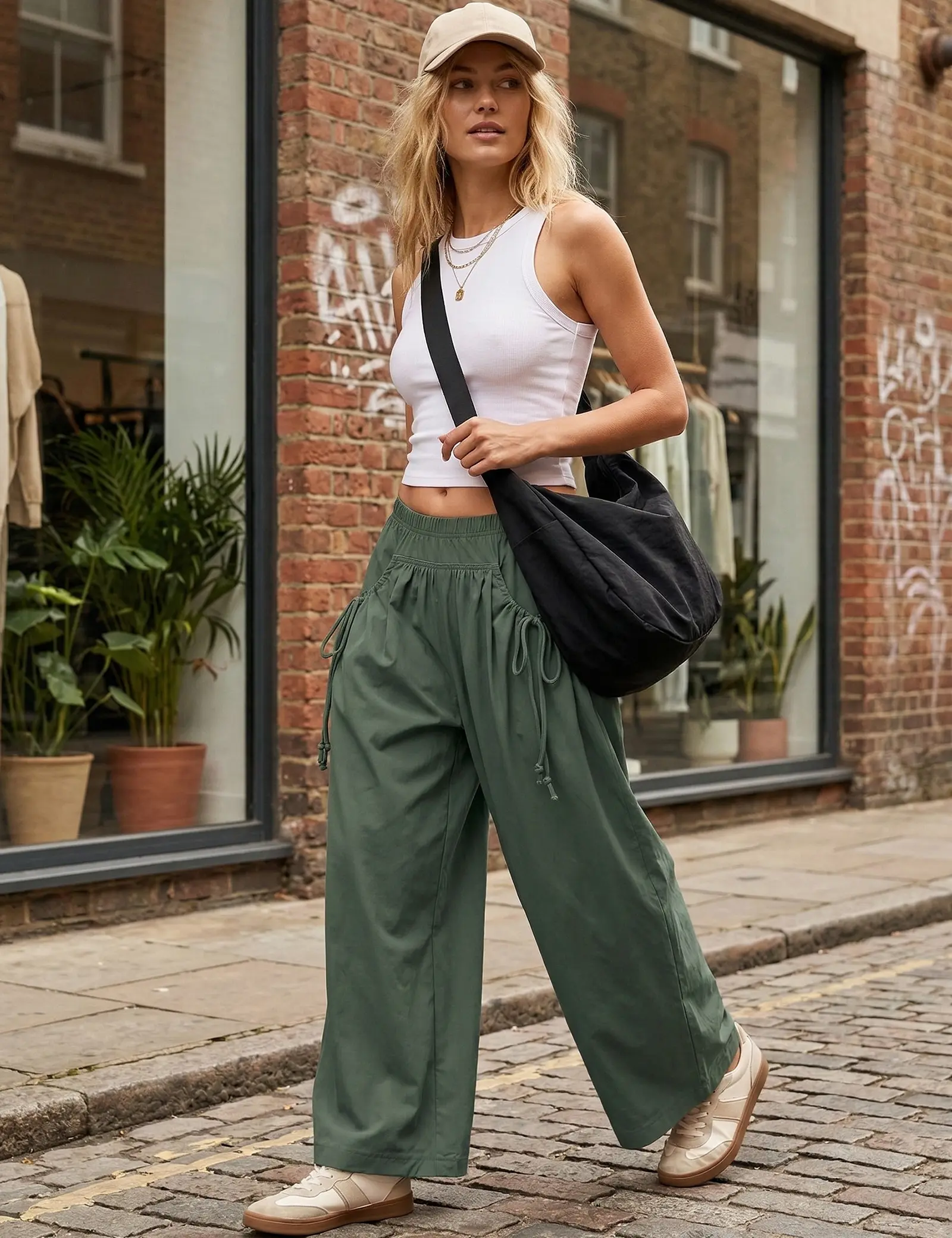 Women's Nylon Wide Leg Loose Cargo Pants - Lightweight, Stretchy, Drawstring Elastic Waist, Pockets, Breathable Ruched Detail Fabric, Chic Cropped, Streetwear Fit, All Seasons Casual Bottoms for Hyrox, Beach (Matches Crop Tops/Jackets)