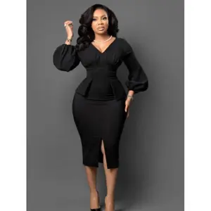 Elegant women's V-neck bubble sleeve split dress, office pencil skirt, fashionable tight fitting work clothes, slim fit OL styleRAIMENTRY