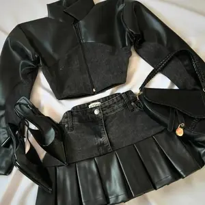 Y2k Leather Denim Patchwork Two Piece Set Women Hip Hop Patchwork Zippered Long Sleeve Jacket Sexy Short Denim Skirt Fashion Set