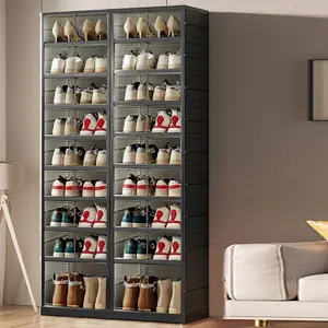 9-Tier Ultimate Foldable Shoe Rack Organizer: Closet Storage Solution for 18 Pairs. Plastic, Collapsible, Stackable Design. Clear, Compact Shoe Storage Boxes for Tight Spaces，Space-saving Home storage Back to school