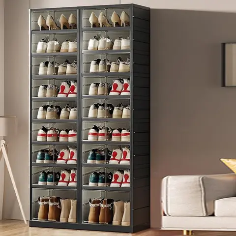9-Tier Foldable Plastic Shoe Rack Organizer - Multilayer Display, Closet Storage, Dust-Free Access, 18-Pair Capacity, Collapsible Stackable Magnetic Design, 3-5 Min Installation, Compact Storage Organization for Tiny Spaces (For Families)