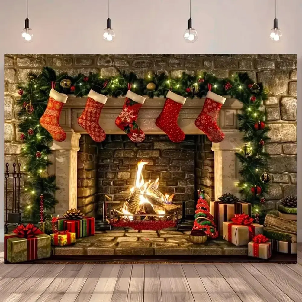 Vibrant Polyester Christmas Fireplace Scene Photo Backdrop Banner - Multi-Size Vinyl Fabric (152.4x91.44cm,152.4x213.36cm) with Printed Socks, Gifts, Festive Ornaments - Home Happy Birthday Party Supplies for Photography, Decoration