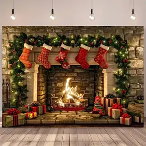 Cozy Winter Fireplace Christmas Backdrop Banner - 152.4x91.44cm/152.4x213.36cm Vinyl Holiday Decoration with Stockings, Gifts & Festive Garland for Parties, Photography, and Seasonal Home Decor, Outdoor Christmas Ornaments