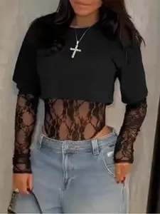 Women's Floral Lace Bodysuits Crew Neck Cropped T Shirt Sexy Patchwork Tops Long Sleeve Night Out Body Suit 2026