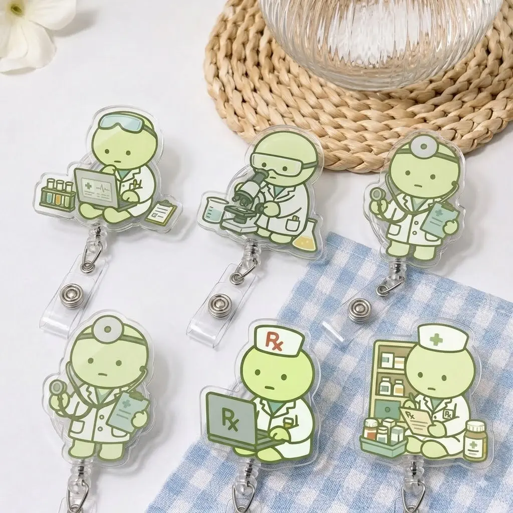 Healthcare Badge Reel, Cute Medical Character Acrylic ID Holder, Retractable Badge Clip for Nurses Doctors Pharmacists Lab Technicians, Hospital Staff Gift Accessory