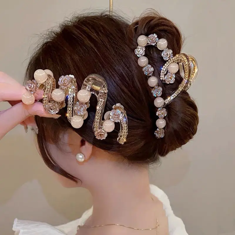 Elegant Pearl and Rhinestone Hair Claw Clip for Women's Stylish Updos and Evening Looks
