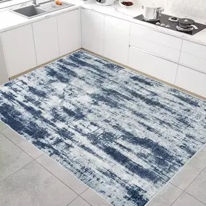 Crystal Velvet Blue Textured Large Kitchen Rug, Boho Runner Rug, Anti-Slip Waterproof Durable Structure, Easy to Clean, Ideal for Large Spaces