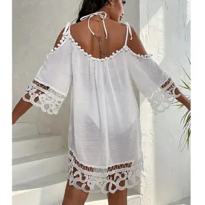 Hollow-out lace sexy solid color beach dress, loose casual vacation beach sun protection cover-up swimsuit