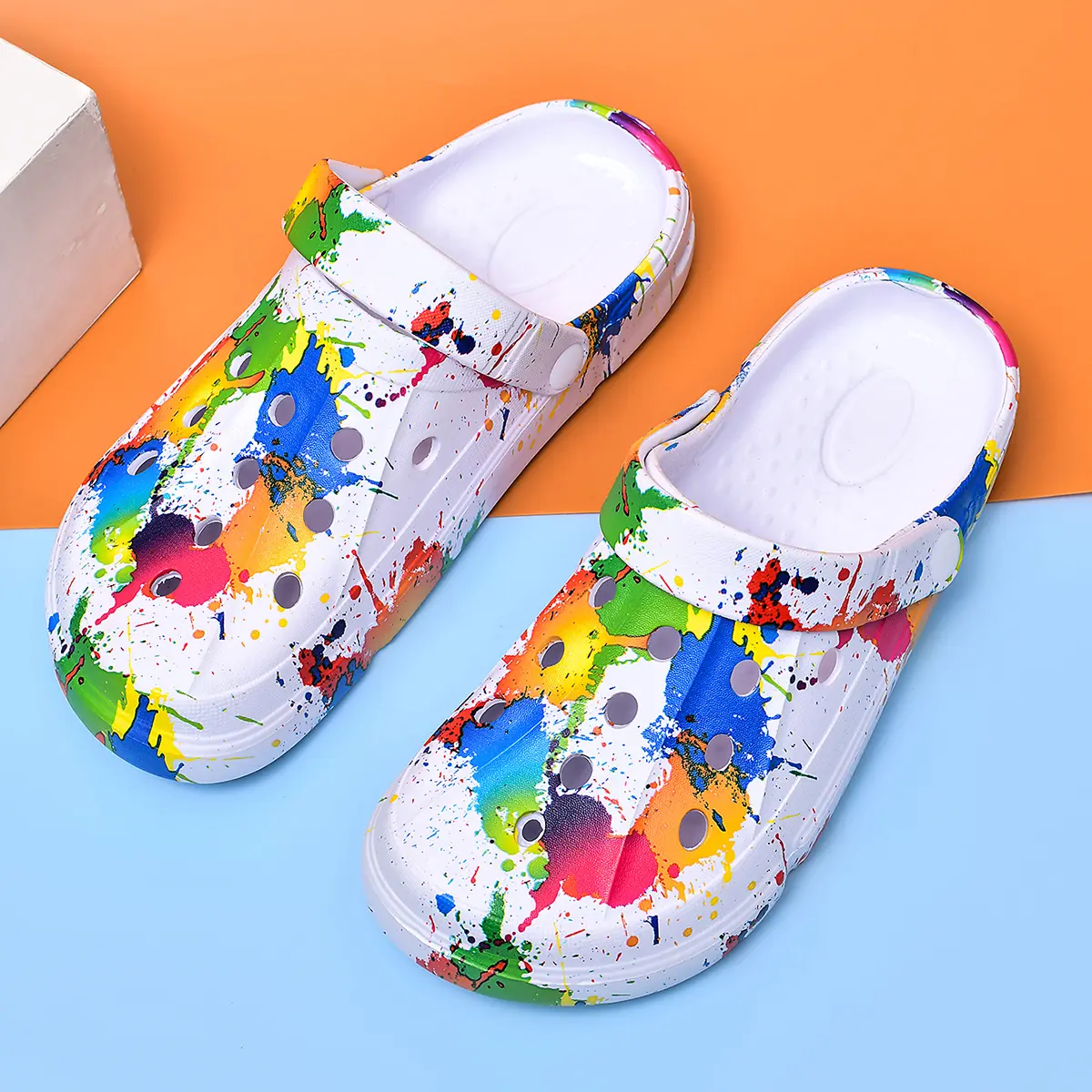 Women's Adjustable Strap Paint Splatter Platform Clogs, 3cm Invisible Height Increase Lightweight EVA Waterproof Slip-ons, Trendy Summer Footwear for Garden, Beach, Shower & Travel