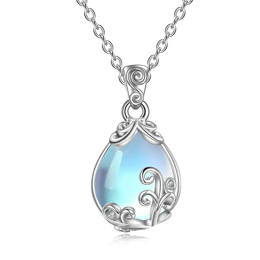 Women's Moonstone Teardrop Pendant Necklace, Silver Tone Filigree Moonstone Necklace, Iridescent Celestial Vintage Inspired Jewelry, Elegant Statement Necklace Gift for Women Girls