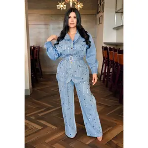 Ultra Denim Set with Embellished Buttons and Belted Waistline for Women
