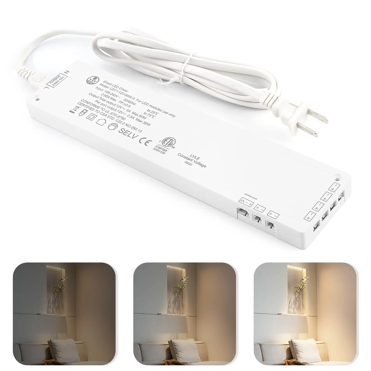 VST 60W LED Power Supply - 100V-240V AC to 12V DC Low Voltage Transformer, 12V JST Ports, ETL Listed Black Lighting Unit for Home Cabinets