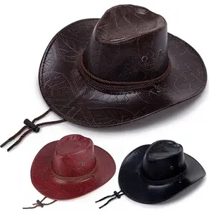 Faux Leather Mens Cowboy Hat with Strap, Rope - Western Wide Brim