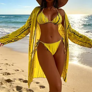 Women's Yellow Printed Triangle Bikini Set , 3-Piece Tie Side Swimwear for Beach Vacation