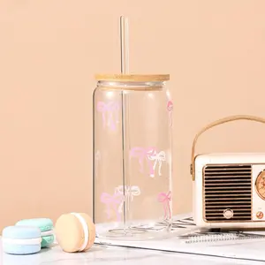 Coquette Cute Pink Bow Glass Cups with Lids and Straws, Aesthetic Iced Coffee Cup, Girly Preppy Design Tumbler Mug for Teen Girls Women Girlfriends Gifts