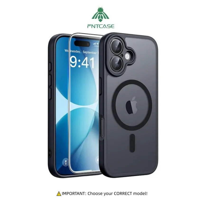 FNTCASE For iPhone 17 iPhone 16 Phone Case: Slim Shockproof Drop Protection Phone Cover Slim Anti-Slip Durable Protective Bumper Magnetic Case Compatible with MagSafe - Frosted Touch with Screen Protector Smartphone Button
