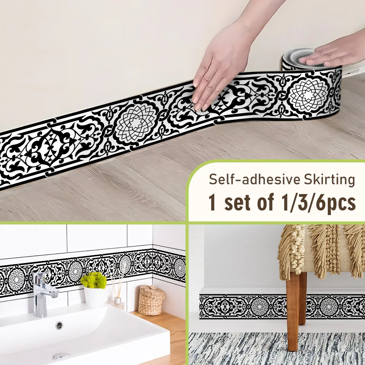 Retro Style Pattern Stickers, Self-Adhesive Baseboard Decorations, Easy Install Multi-Pack, Home Corner Refurbishment