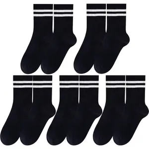 5 Pairs Solid Color Two Stripe Crew Socks Casual Athletic Socks for women Girls