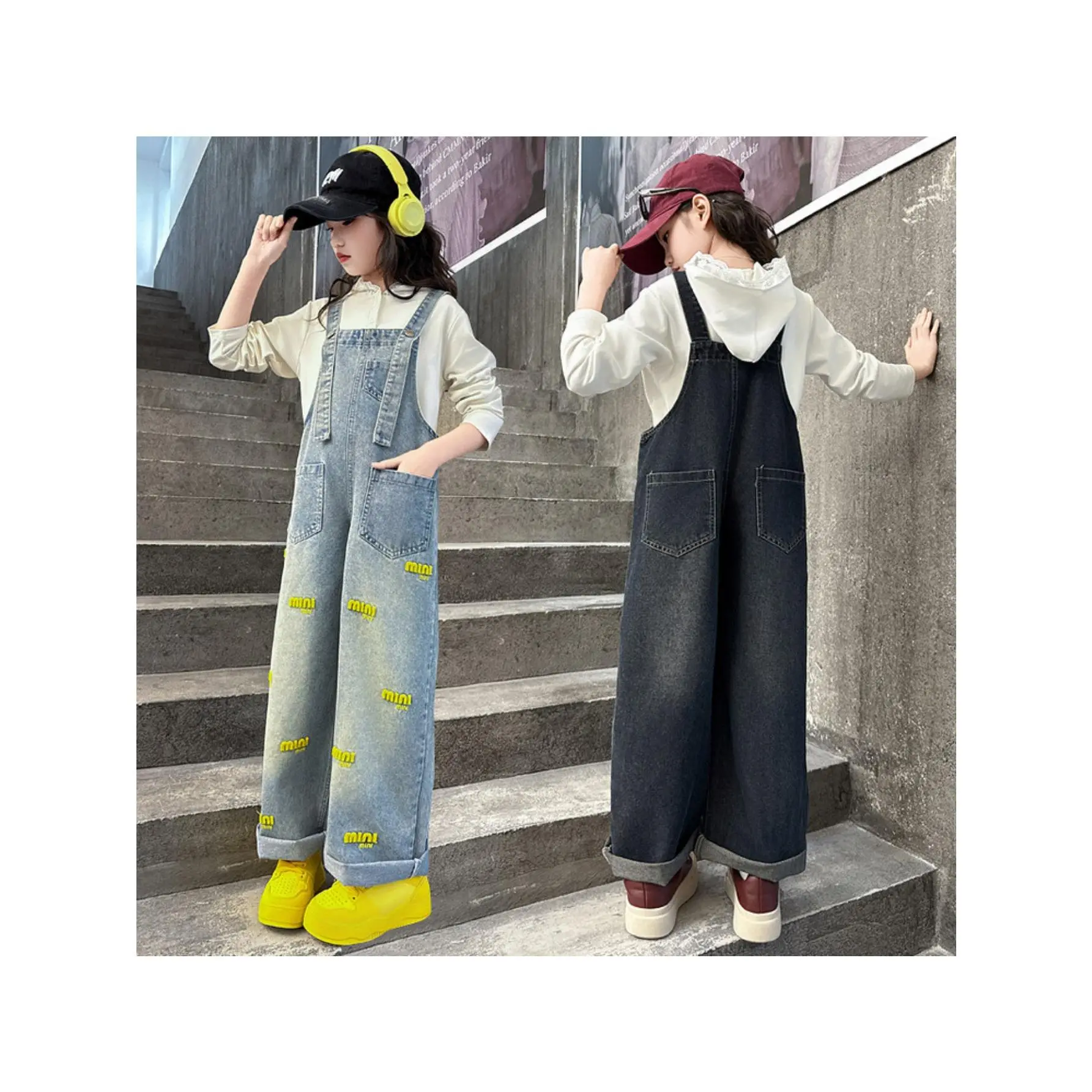 Girls' Cotton Denim Overalls - Casual Loose-Fitting Long Straight-Leg Bottoms with Button Straps, Towel Embroidered Patch, Plain Design, Sizes 7-8Y, 9-10Y, 11-12Y