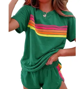 2 Piece Lounge Sets for Women Summer Rainbow Striped Tops Casual Shorts Color Blocked Suit Sweatshirts Set