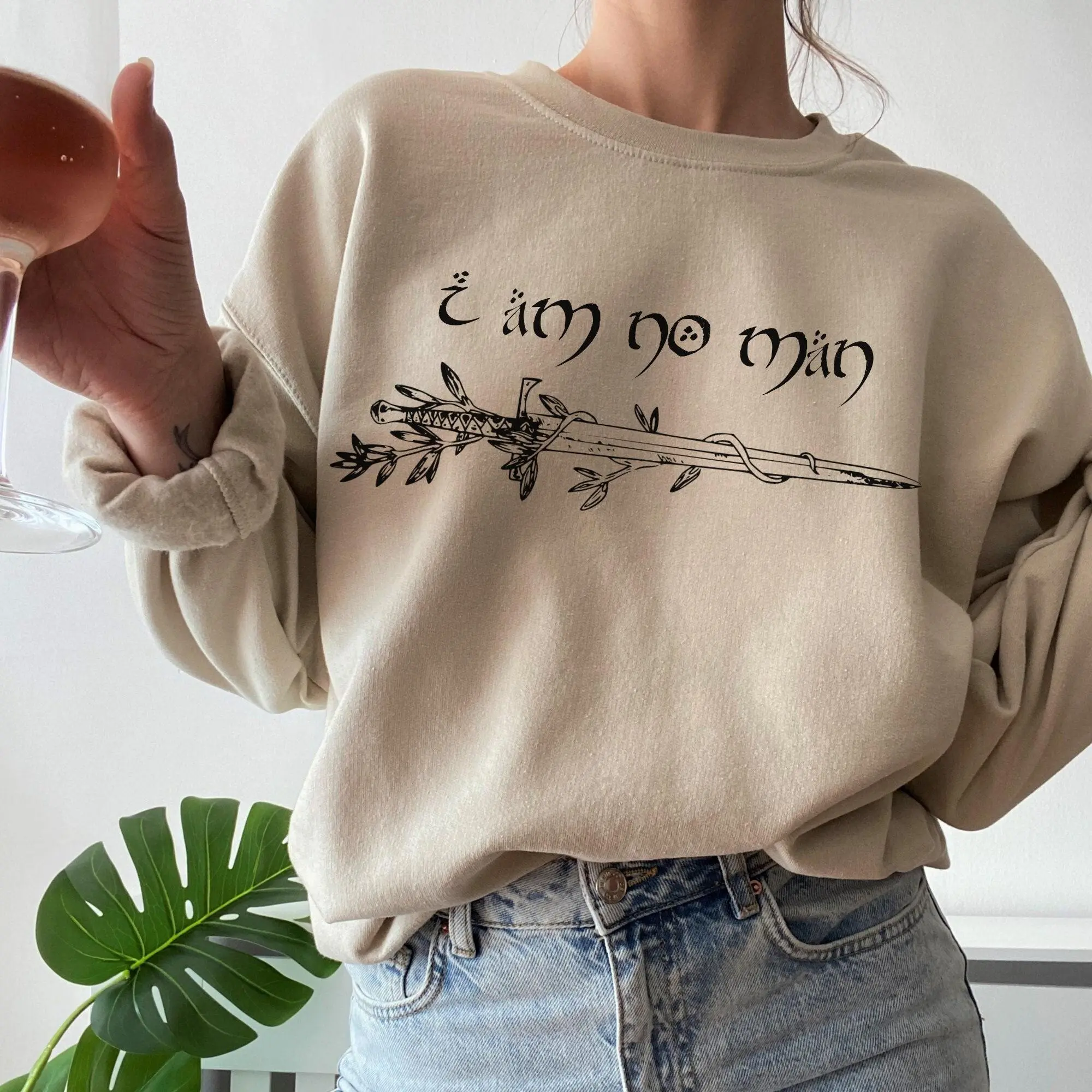 Gildan "I Am No Man" Pullover Hoodie, Bookish Style Cotton Polyester Fleece Sweatshirt with Long Sleeves, Soft Air Jet Yarn & Spandex Cuffs, Ribbed, Athletic, Fitted, Longsleeves, Knit, Pocket, Casual, Sweatshirt - S, Crew Neck, Athletic Fit, Comfy, Print