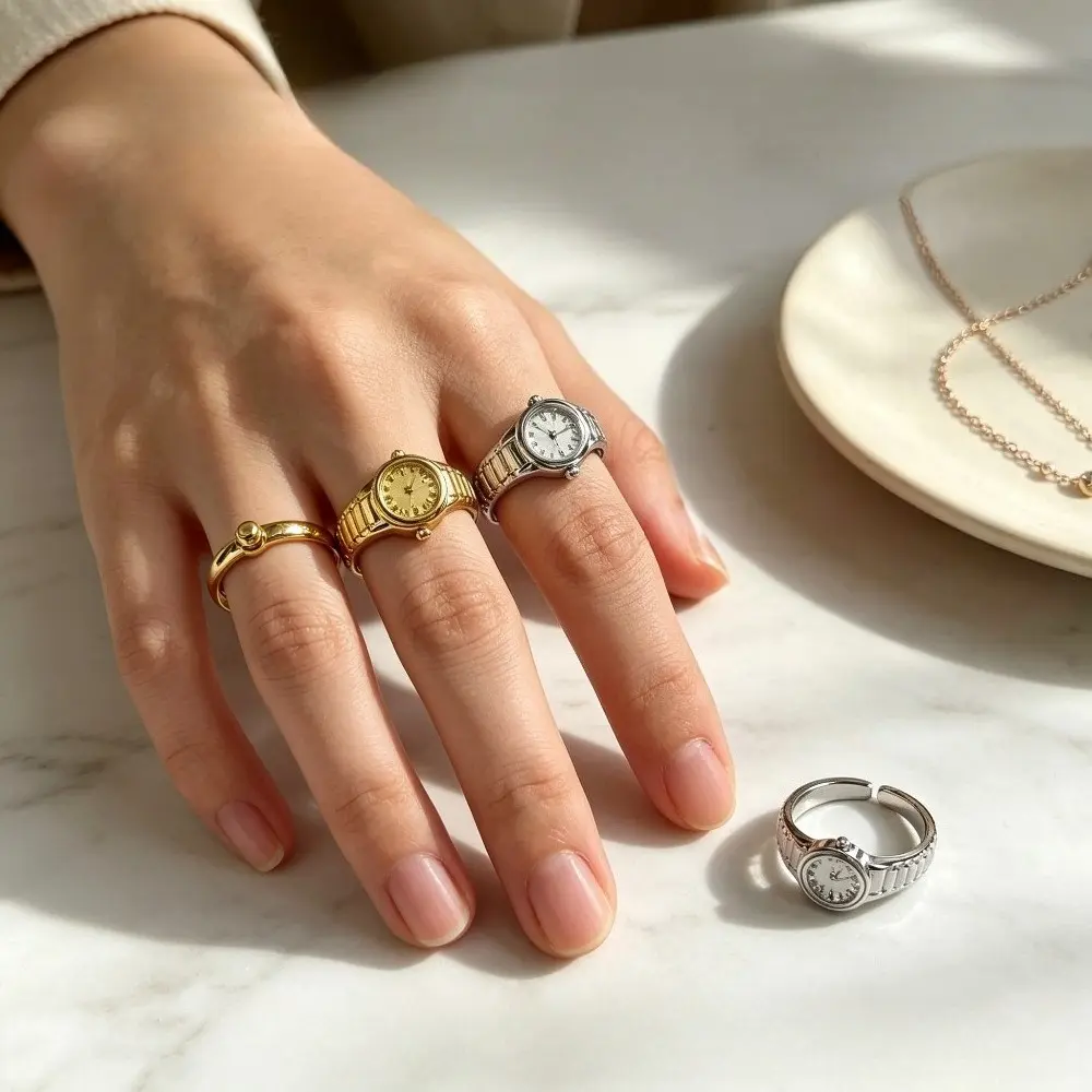 Women's Fashion 2pcs Clock Shape Open-Strap Adjustable Rings - Fits Most Fingers, Daily Wear Accessory, Personalized Gift for Indoor Recreation