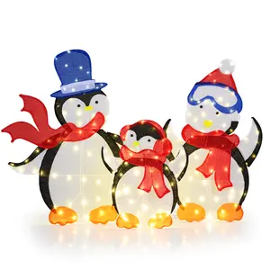 COSTWAY - 3-Piece 2D Lighted Penguin Family Christmas Decoration with 160 LED Lights
