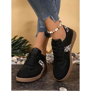 Women's Trendy Black Lace - Up Sneakers with Leopard - Print Accents, Comfortable Lightweight Casual Walking Shoes, Female All - Match Fashionable Footwear for Daily Strolls & Leisure, Stylish Retro - Inspired Fashion Trainers, Durable Soft - Sole Casual