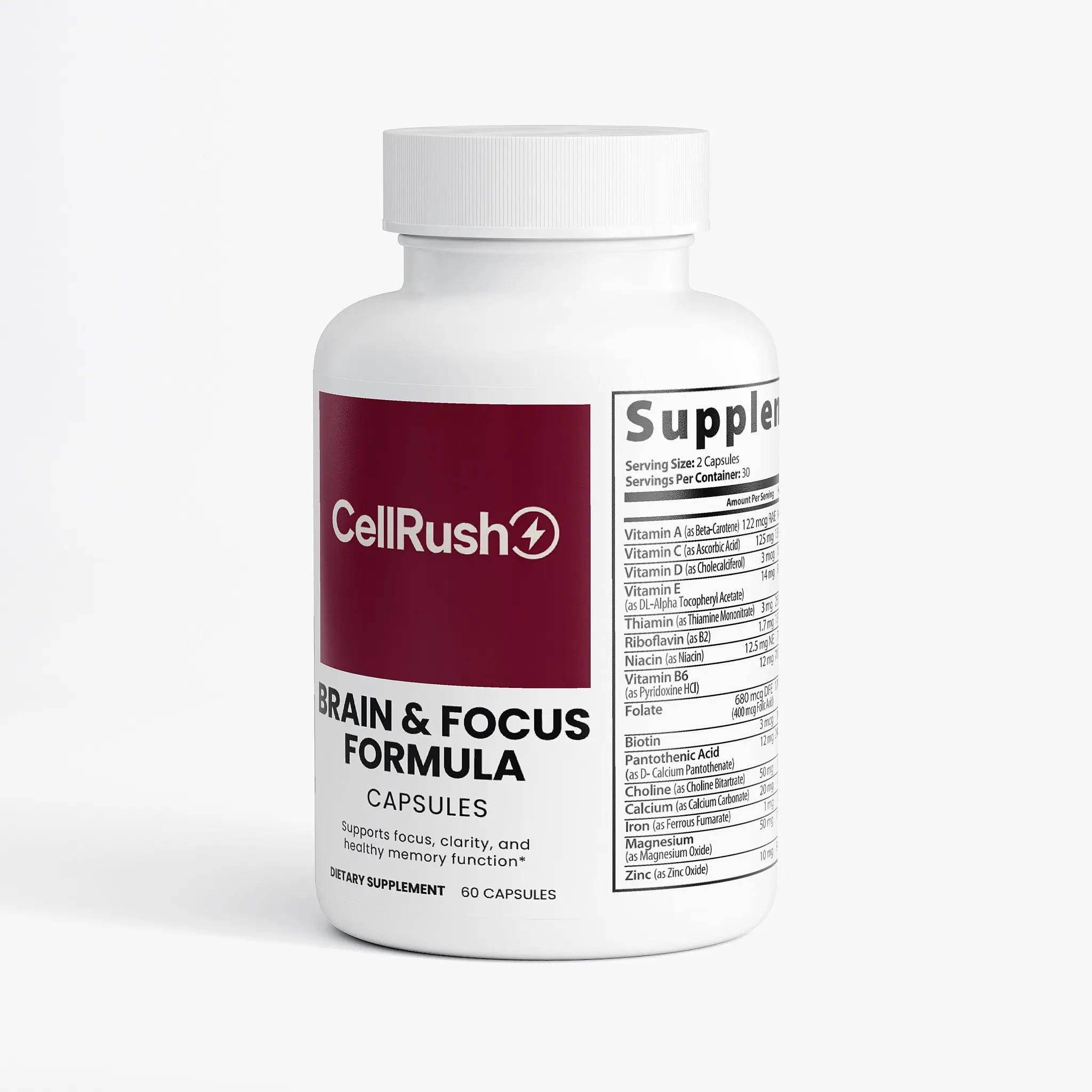 CellRush Brain & Focus Formula Capsules - 60 Veggie Capsules with DMAE Bitartrate L-Glutamine & Bacopa Extract for Enhanced Neuroactivity and Memory Support - Manufactured in the USA Healthcare Dietary Supplement Natural