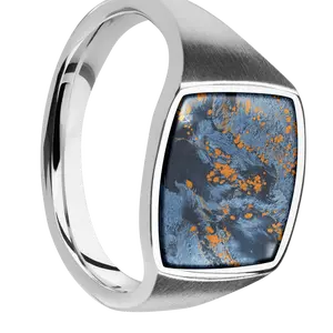 Medium Cushion signet ring (14x14mm) in Palladium Silver, with a Thin style band, a Pietersite inlay.