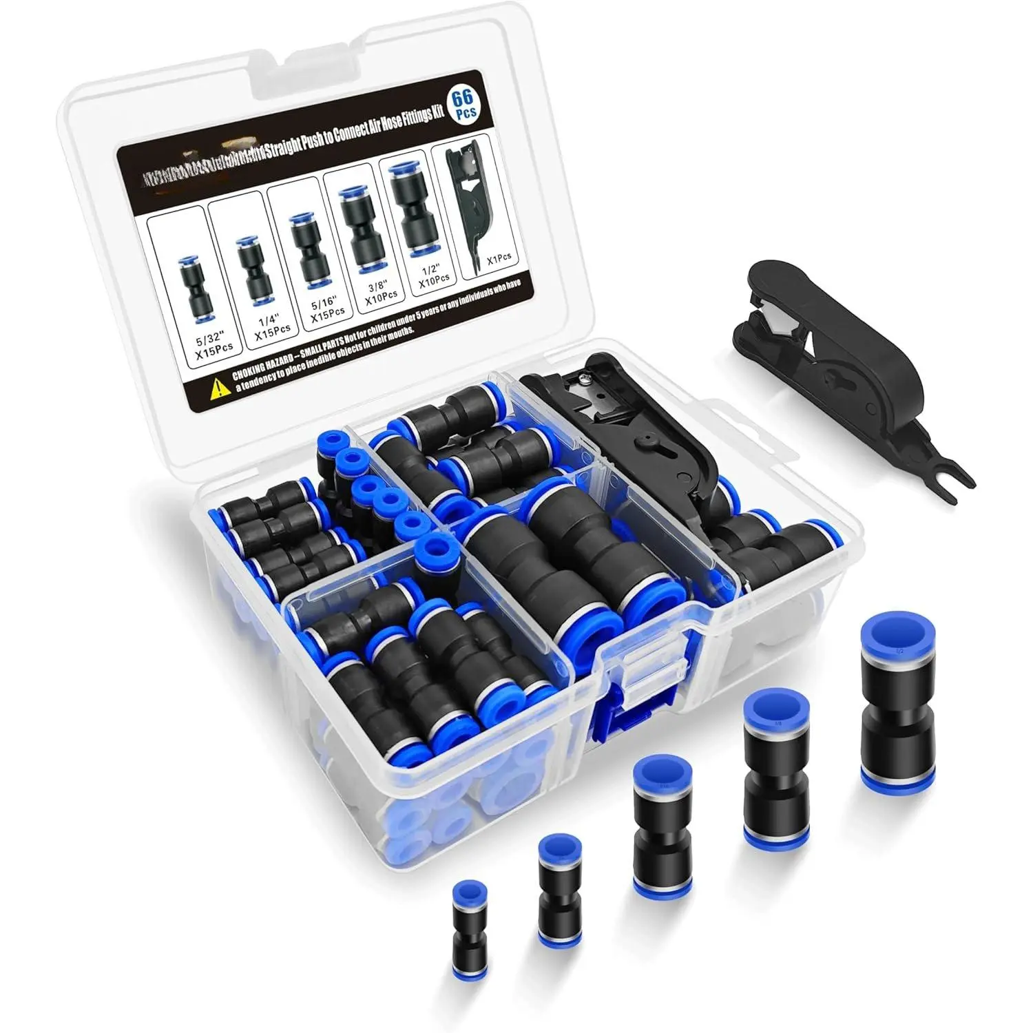 66 count Straight Push to Connect Air Hose Fittings, Pneumatic Quick Connect Fittings Kit with Tubing  for 5/32" 1/4" 5/16" 3/8" 1/2" Air Line, Nylon & PU Tubing