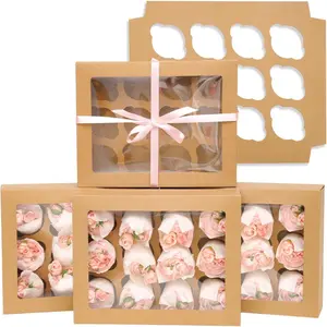 Auto-pop up 12 Cupcake Containers 6-Packs Brown Cupcakes Carrier, 12 Cupcake Boxes with Window 13"x10"x3.5"