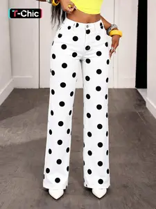 Women's Polka Dot Wide Leg Loose Pants, Stretchy Elastic Waist Casual Long Trousers, Versatile Daily Wear Everyday Fashion for Ladies, Casual Chic Bottoms