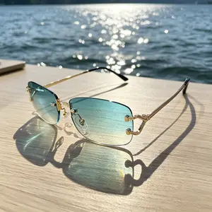Gradient Teal Rimless Sunglasses Luxury Gold Frame Y2K Summer Beach Shades For Women Driving Travel Eyewear