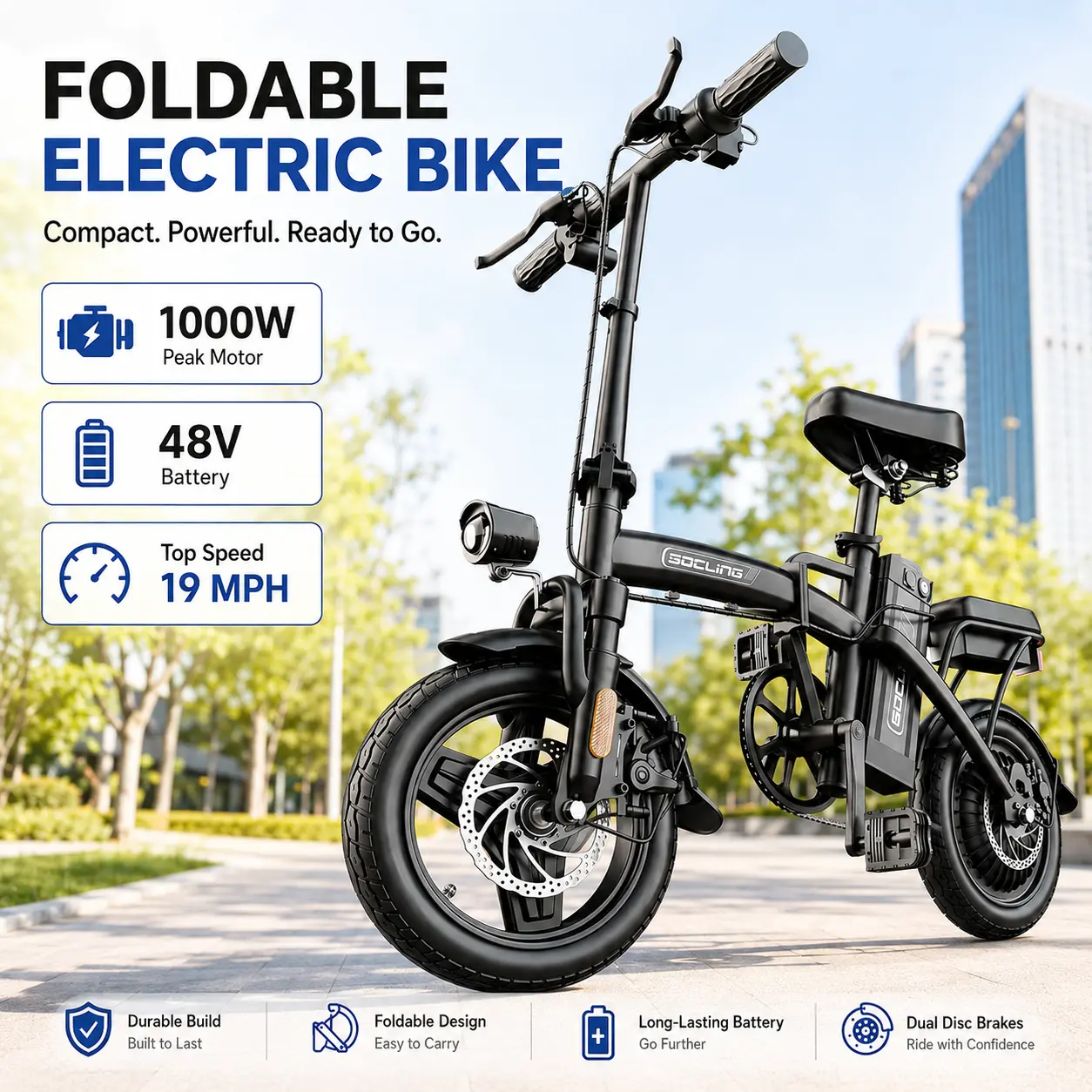 1000W Peak Power Folding Electric Bike, 48V Battery, 14" Fat Tires, 19MPH Portable Commuter E-Bike with Dual Disc Brakes