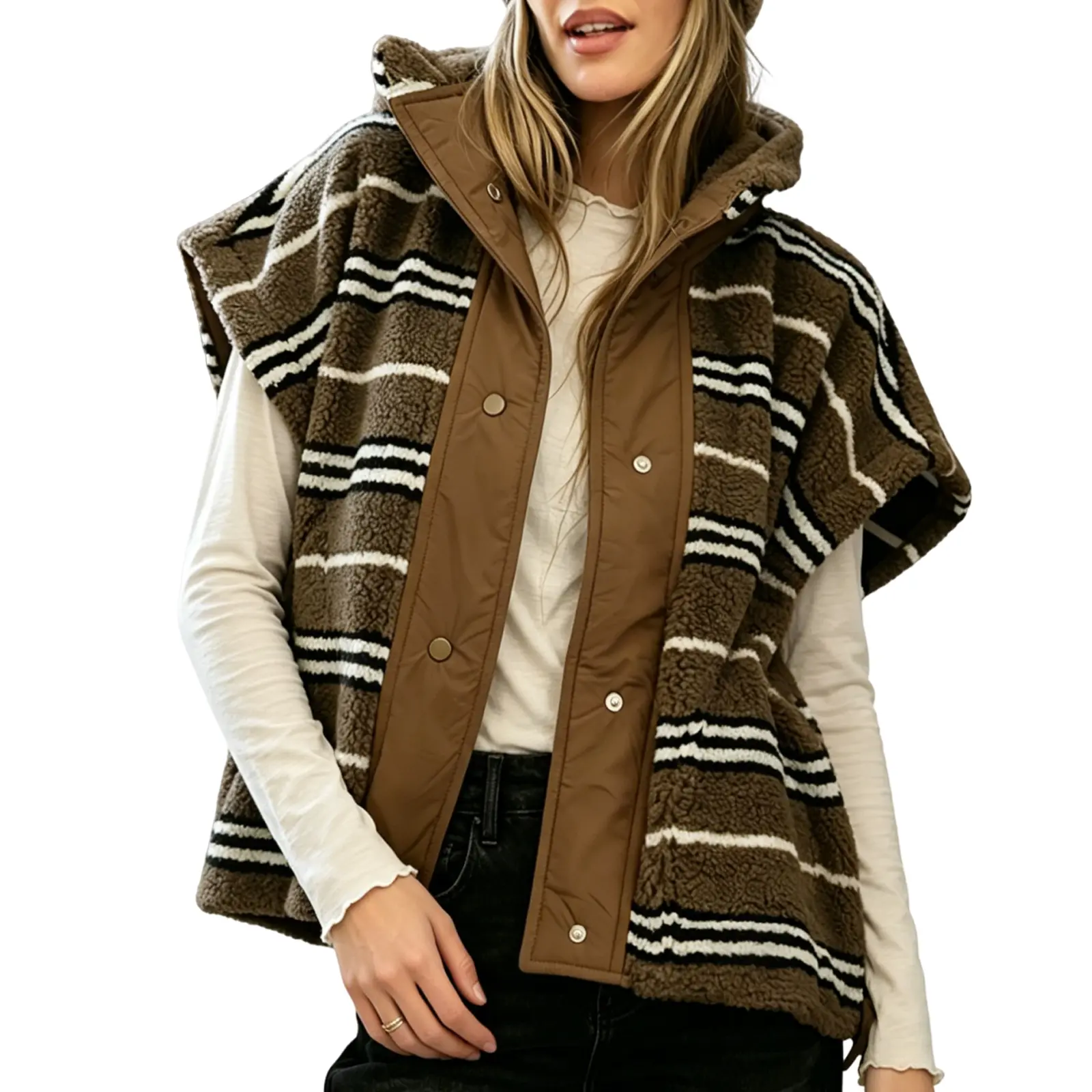 Fisoew Women's Elegant Chocolate Striped Sherpa Fleece Vest, an Essential Oversized Fit Gilet and Layering Piece with Stand Collar