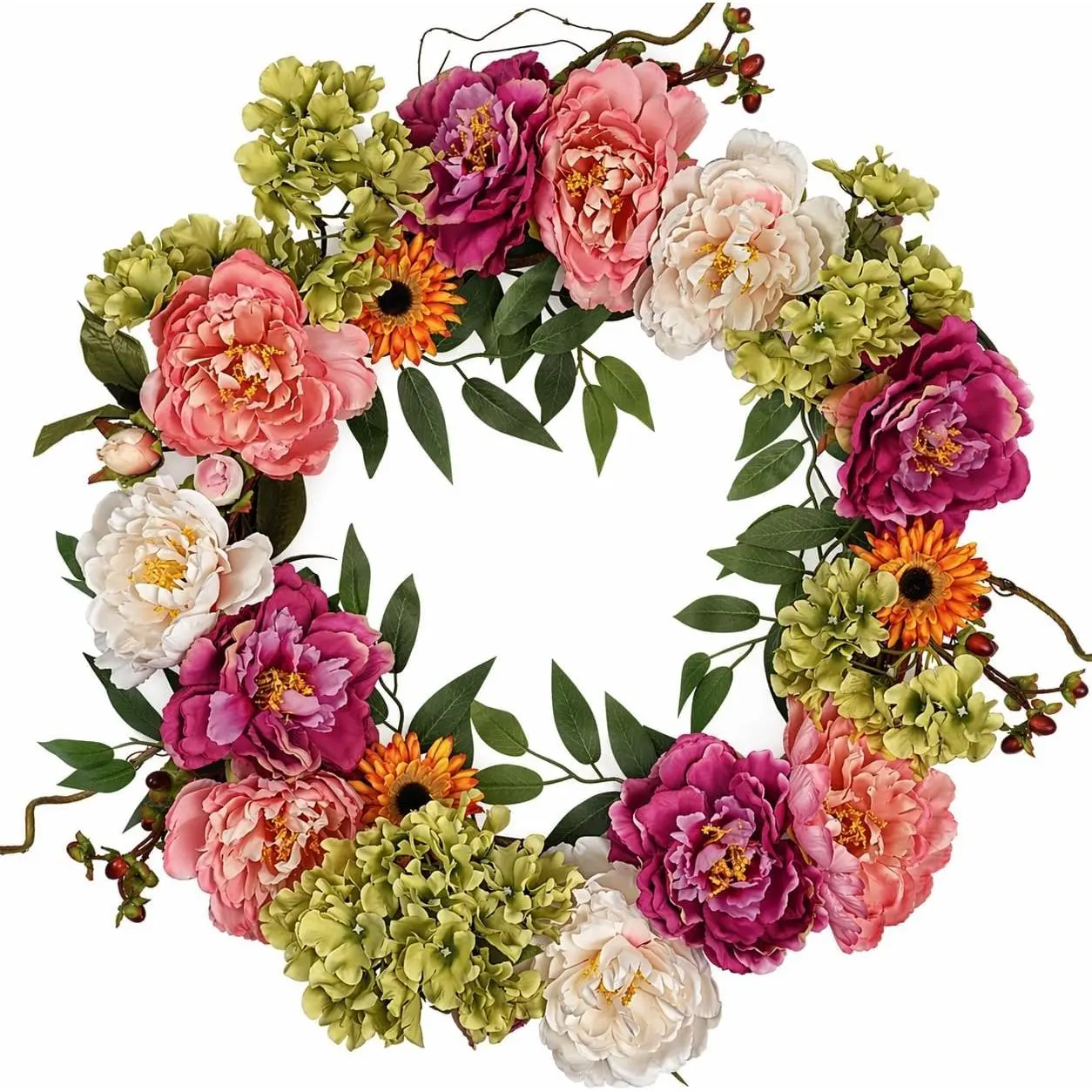 24in Peony Wreaths for Front Door, Large Spring Summer Floral Door Wreath with Hydrangea, All Year Round Colorful Flower Wreath for Farmhouse Wall Welcome Indoor Outdoor Decor (Twig Base)
