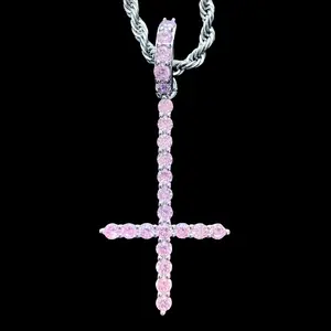 Lil Peep Upside Down Cross Necklace - 2" Silver Plated Cross Set With Light Pink Cubic Zirconia & Stainless Steel Chain Comes With Free Gift