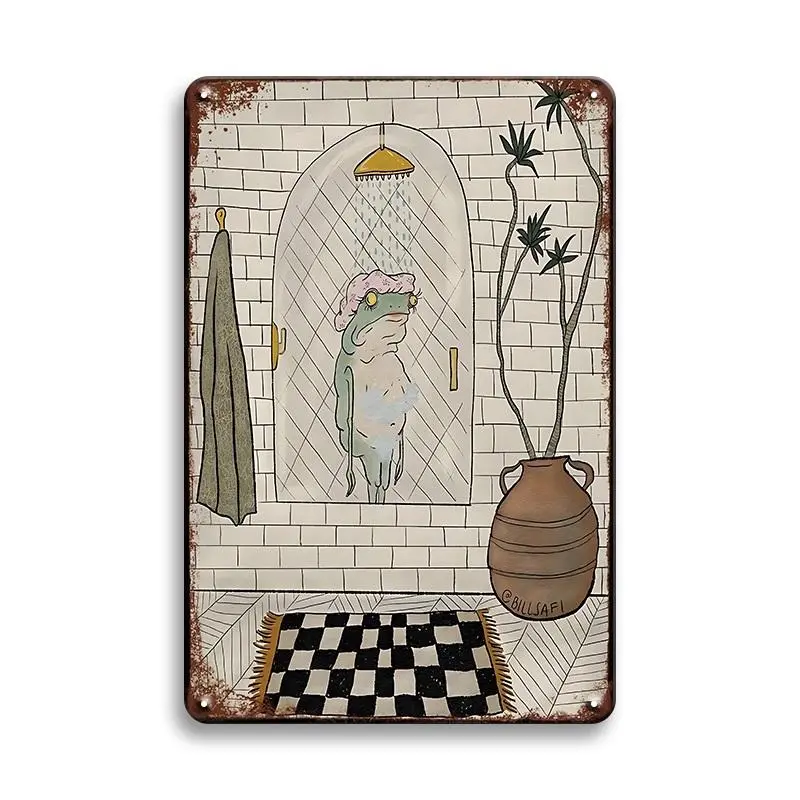 Vintage Frog Bath Art Metal Sign - Artistic Home Decor Plaque, Living Room Accent, Ideal Gift for Nature Lovers